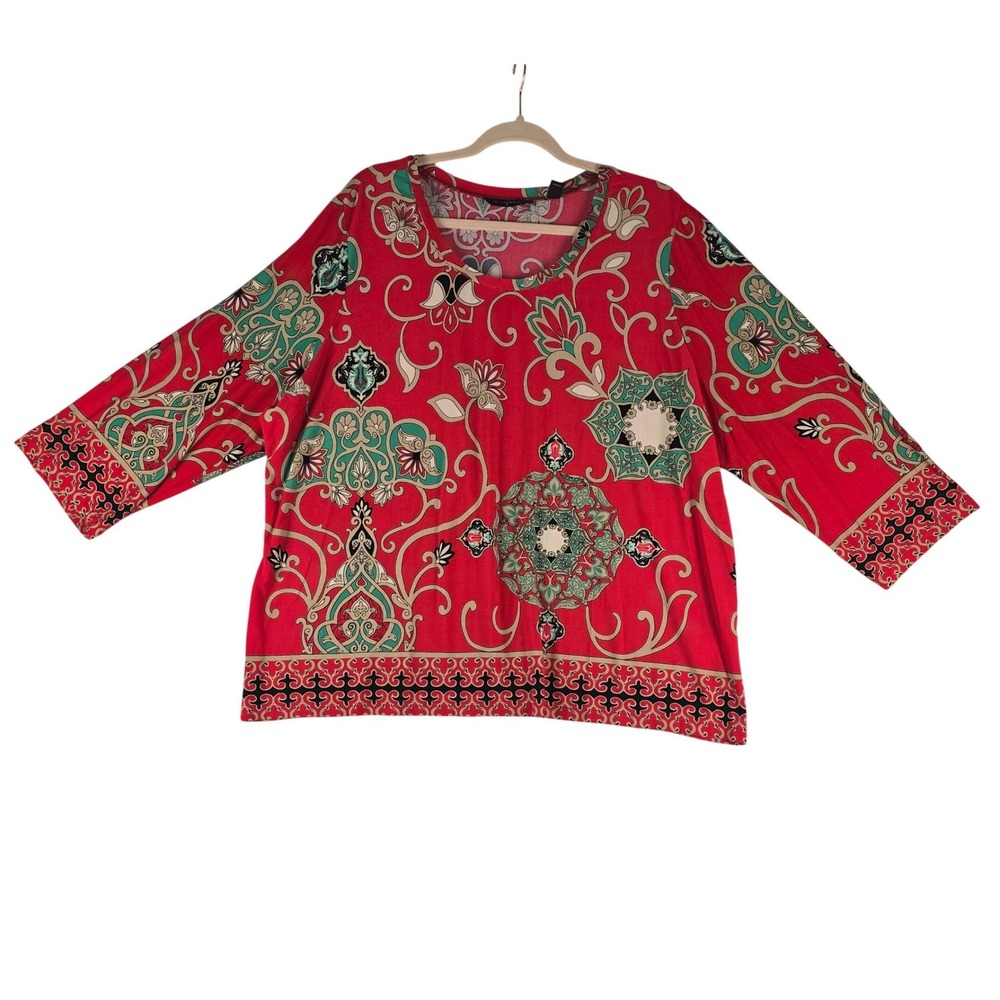 Investments Medallion Print Knit Top Women 2X Red 3/4‎ Sleeve Scoop Neck Stretch